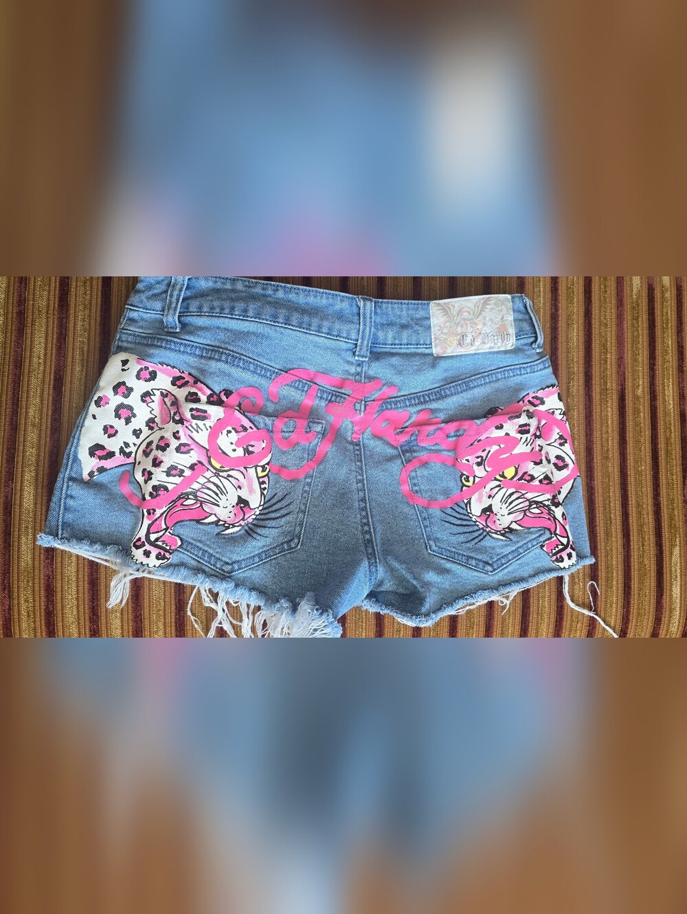 Ed Hardy Blue Denim Shorts with Pink Leopard Accents